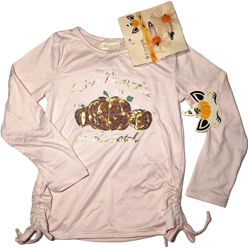 Btween Girls 5 Long Sleeve Cutest Pumpkin In the Patch Shirt Sequins Hair Clips